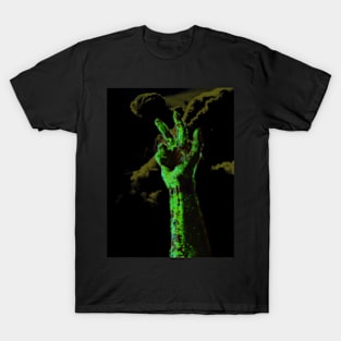 Digital collage and special processing. Hand near clouds. Holy trinity hand gesture. Very strange, green. Bizarre. Zombie. T-Shirt